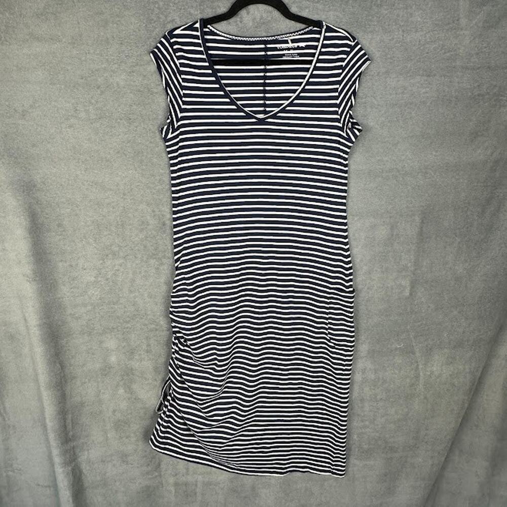 Toad And Co Dress Womens Medium Navy Striped Muse Short Sleeve Stretch Comfort